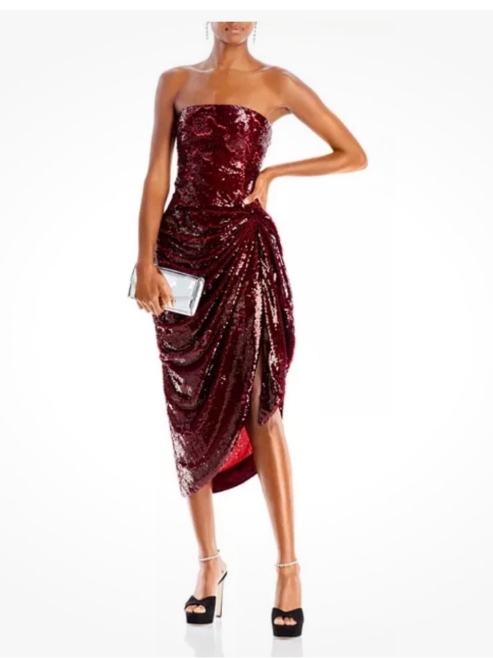 cinq a sept Strapless Burgundy Sequin Draped Midi